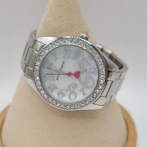 Betsey Johnson Silver Tone Watch with Crystal Bezel Metal Band WORKING!